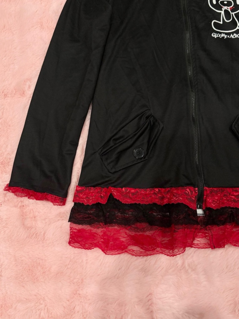 Gloomy Bear x ACDC Rag Black and Red Lace Zip Jacket - Picture 6 of 8